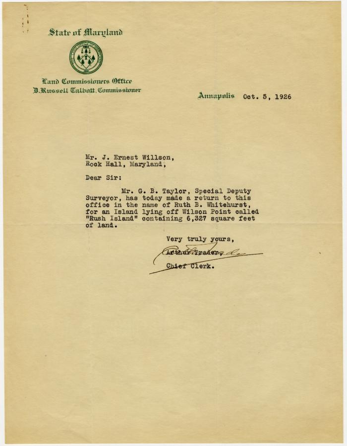 Arthur Trader letter to S. Scott Beck, at Chestertown, MD