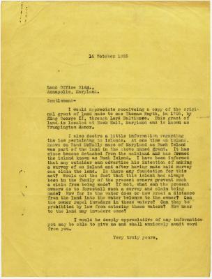Emanuel Celler, House of Representatives, Washington DC, letter to State of Maryland Land Commissioners Office