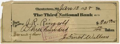 Check from J. Ernest Willson to J. R. Ringgold for “rent of shore”