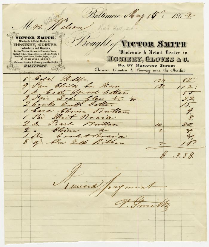 Receipt from Victor Smith, Baltimore, for spools cotton, ribbon, brandy, handkerchiefs, buttons, etc., for Anna Martha Willson