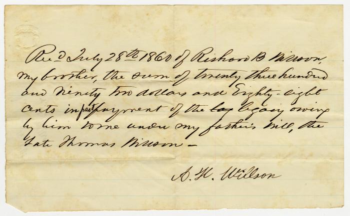 Receipt from A. H. Willson, for $2392.88, legacy from their father, paid by R. B. Willson