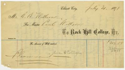 Receipt from Rock Hill College for Paul Willson paid by R. B. Willson