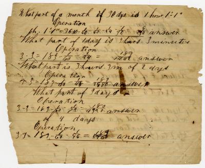 Worksheet with arithmetic problems and fractions