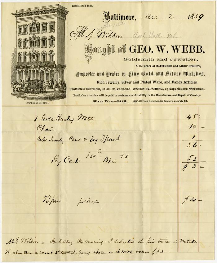 Receipt from George Webb for gold hunting watch and chain paid by Martha Neale Willson