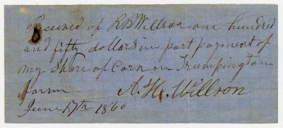 Receipt from A. H. Willson for $150, portion of corn left in their father's will, paid by R. B. Willson