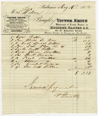 Receipt from Victor Smith, Baltimore, for spools cotton, ribbon, brandy, handkerchiefs, buttons, etc., for Anna Martha Willson