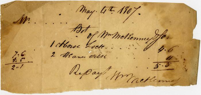 Receipt from William McKenney for horse lock, etc.