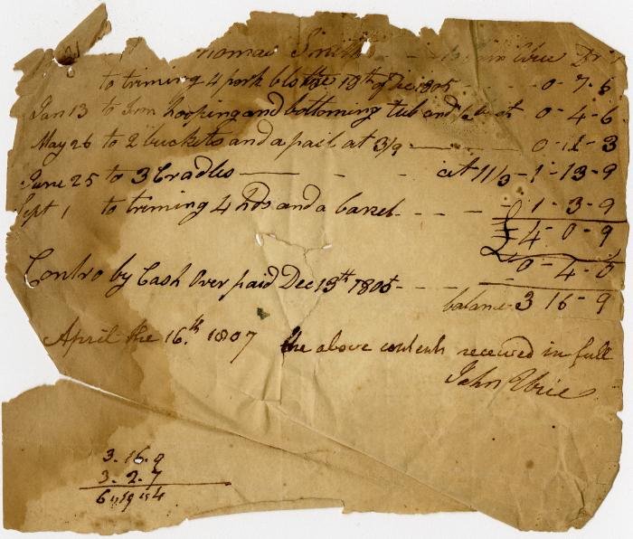 Receipt from John Urie for repair and manufacture of wood and metal items