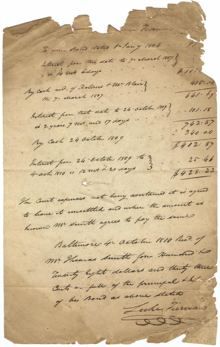 Receipt from Peter Arnold for weaving linen and linsey