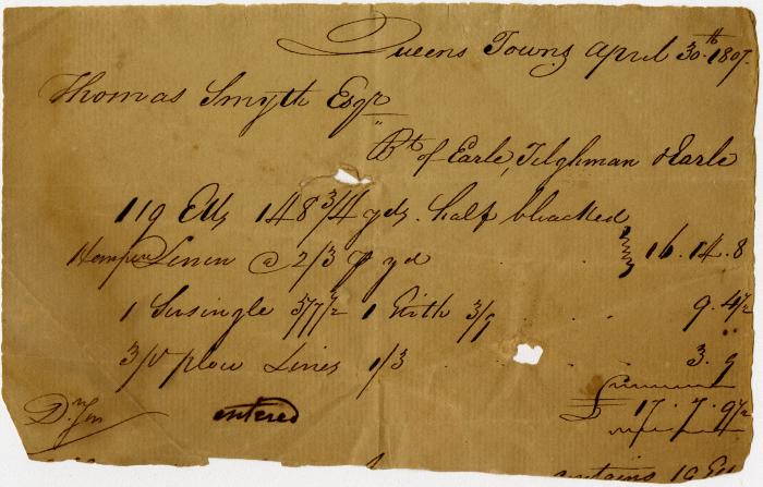 Receipt from Tilghman Earle, Queenstown, for linen, plow lines, etc.